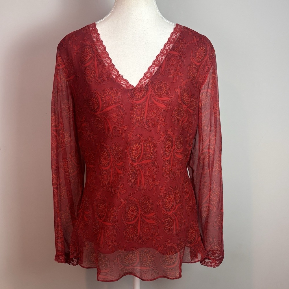 VTG ICE Y2K Red Silk Paisley Lace Trim Sheer Sleeve Boho Fairy Blouse 1X Lined